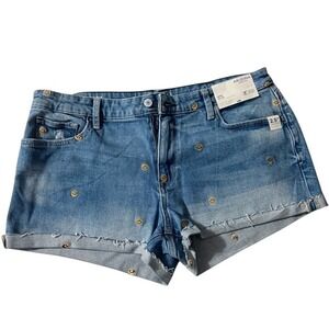 Arizona Jean Co Smiley Face Embroidered Denim Shorts Blue Mid-Rise Size 17 NWT